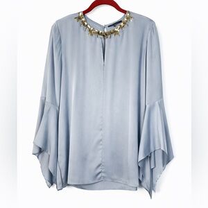 Kobi Halperin Light Blue Satin Blouse with Embellished Gold Neckline Medium